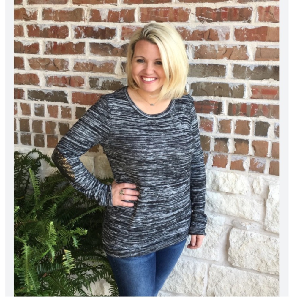 12pm by Mon Ami heathered black sequin elbow patch tunic M